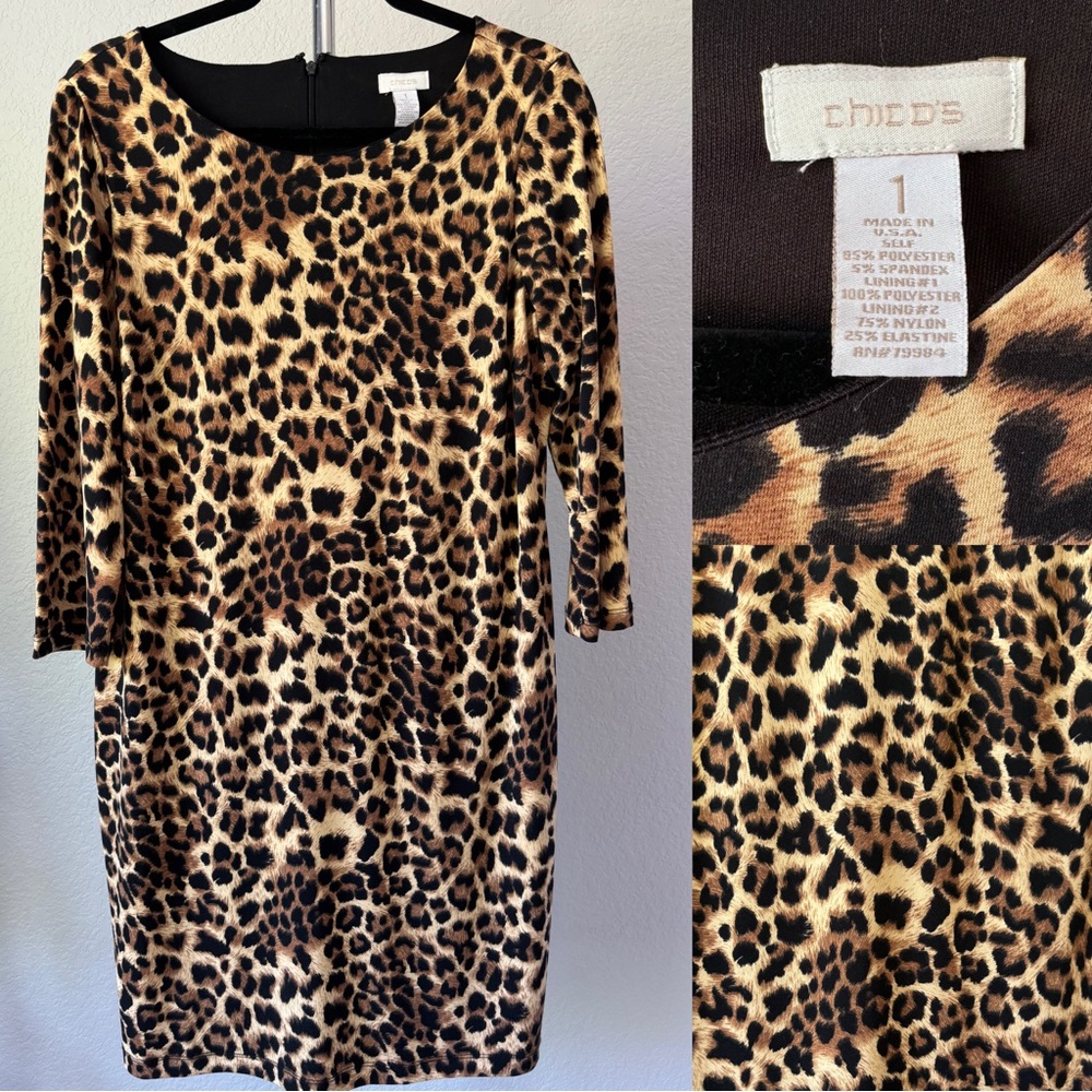 Chico’s Leopard Print 3/4 Sleeves Sheath Dress Size‎ 1 EUC